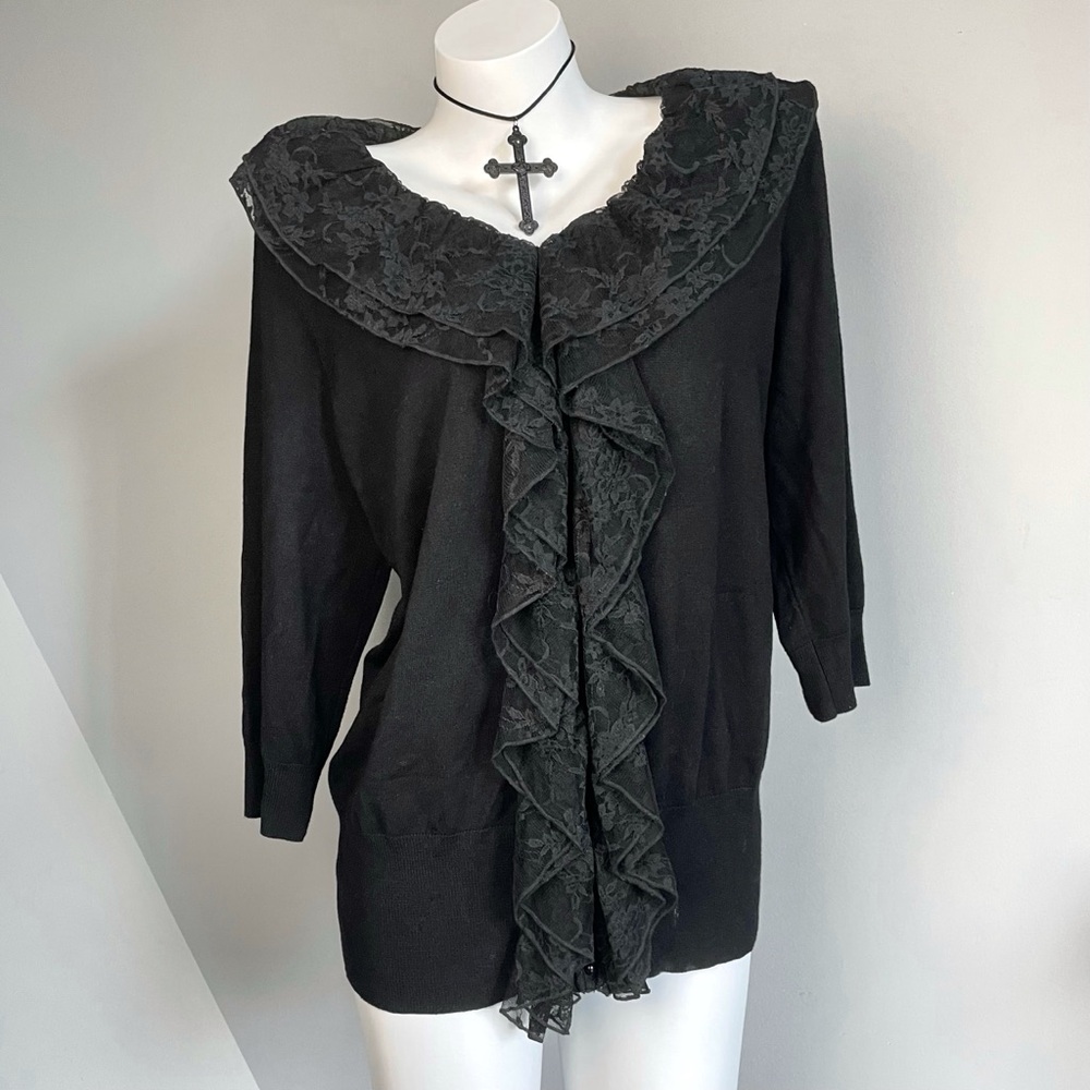 Vintage Laura Black Gothic Lace Ruffled Sweater 1X